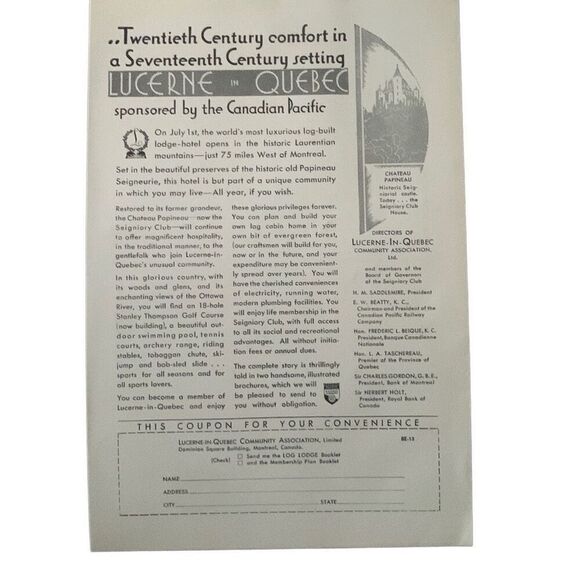 Vintage 1930 Canadian Pacific Lucerne Quebec Ad Advertisment - Picture 1 of 4
